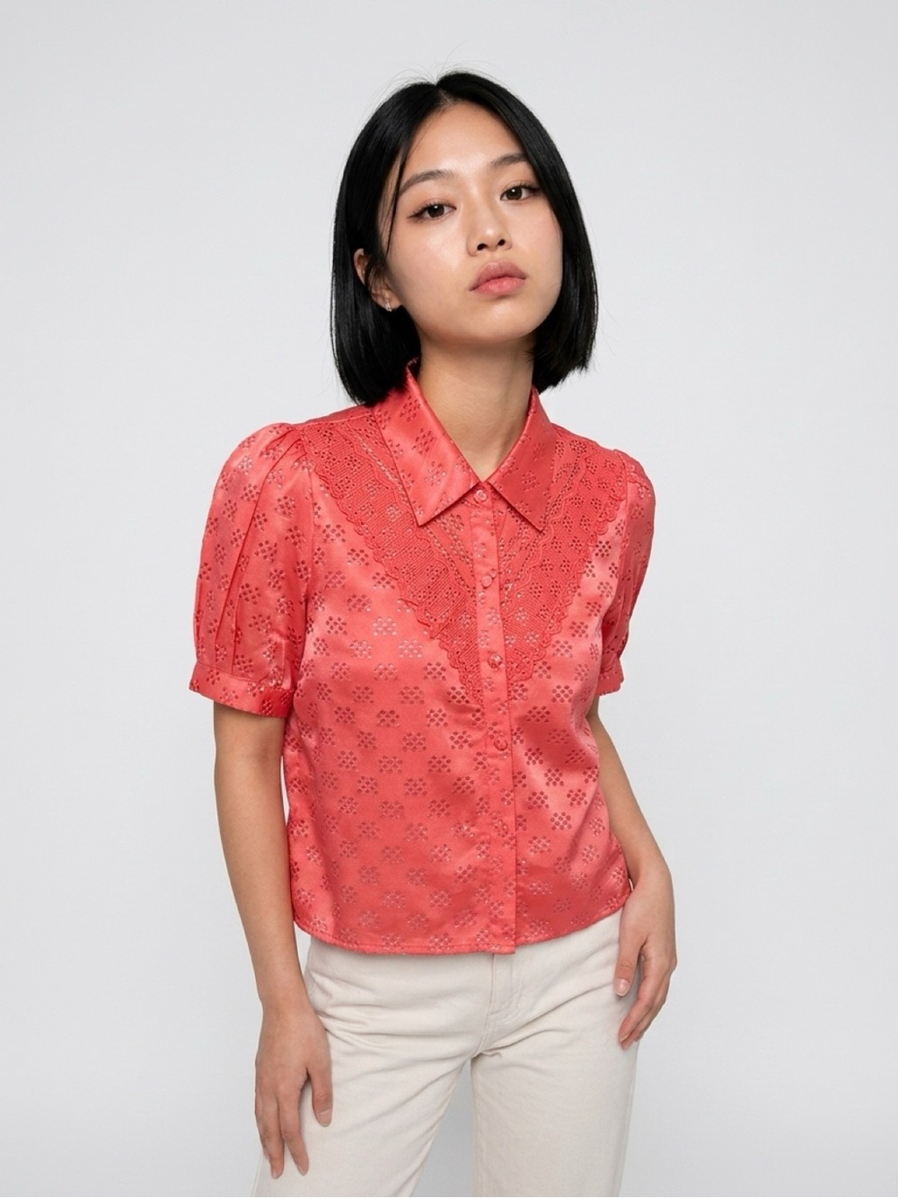 Vintage Pink Satin Blouse Lace Bib Puff Sleeve Button Up 70s 80s